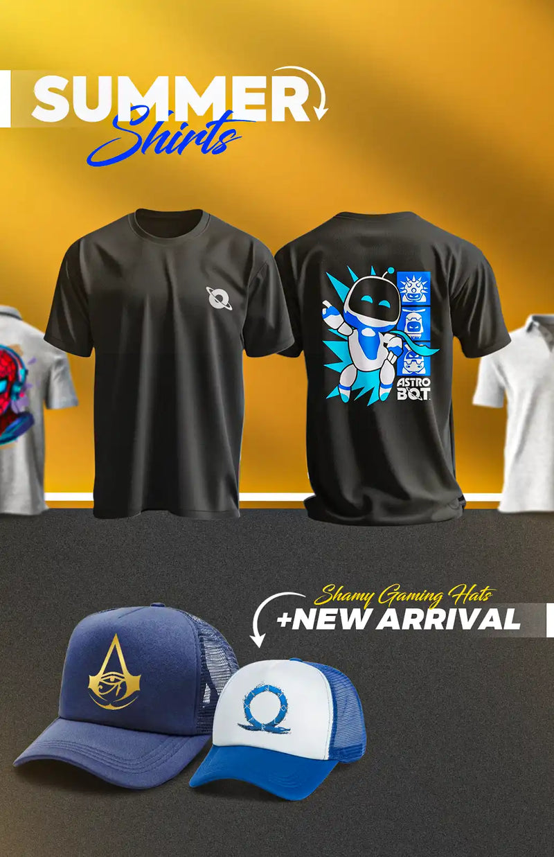 A collection of gaming-themed apparel, including summer shirts and trucker hats.