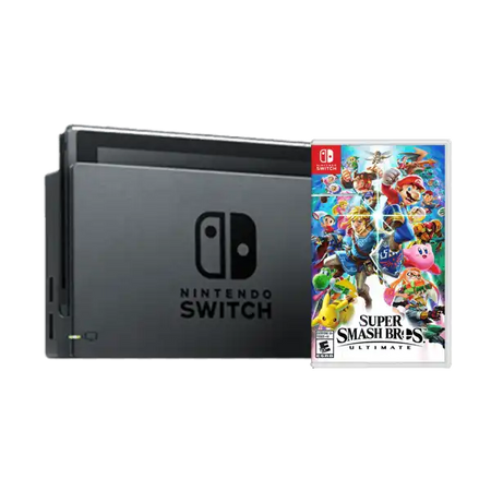 Nintendo Switch console with Super Smash Bros. Ultimate game.