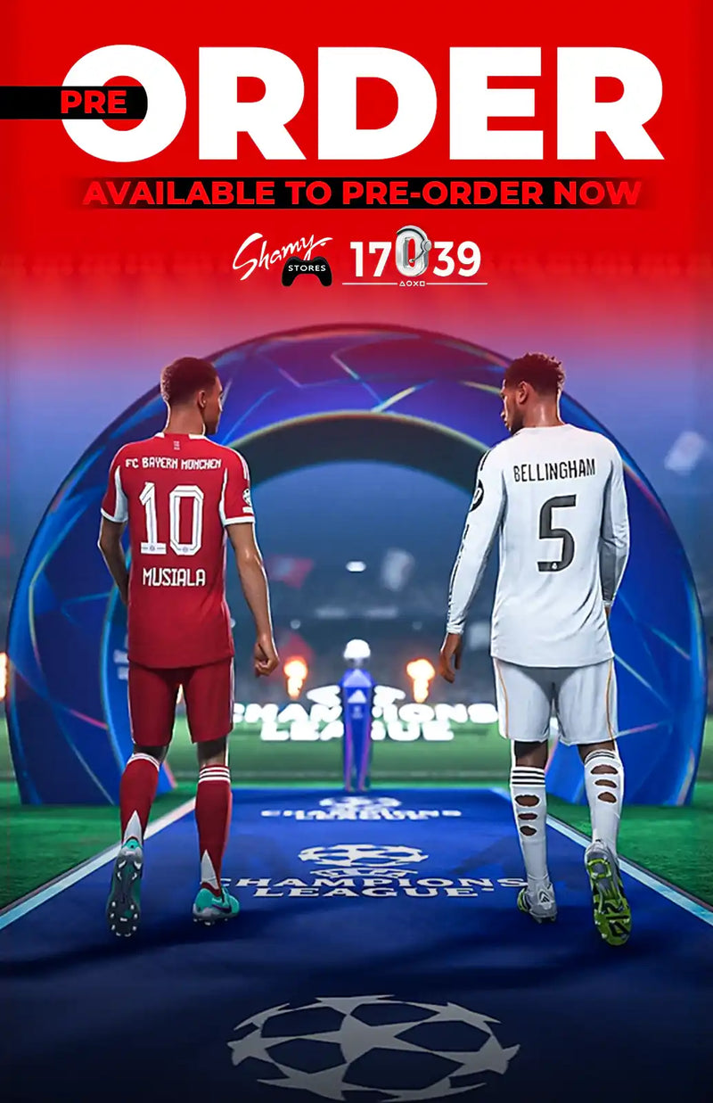A promotional poster for a sports video game featuring two soccer players.