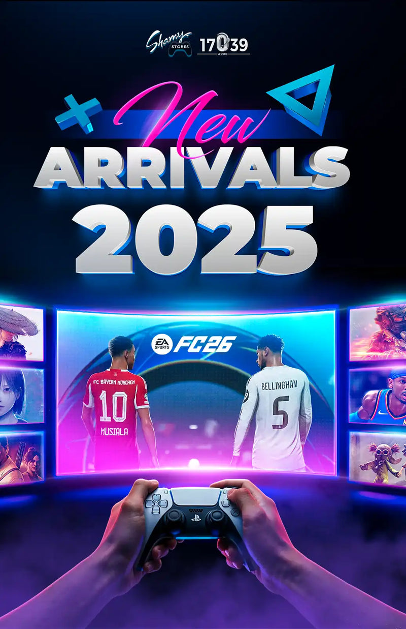 Promotional image for new video game arrivals in 2025, specifically featuring ’EA FC26’’ and a PlayStation 5 controller.