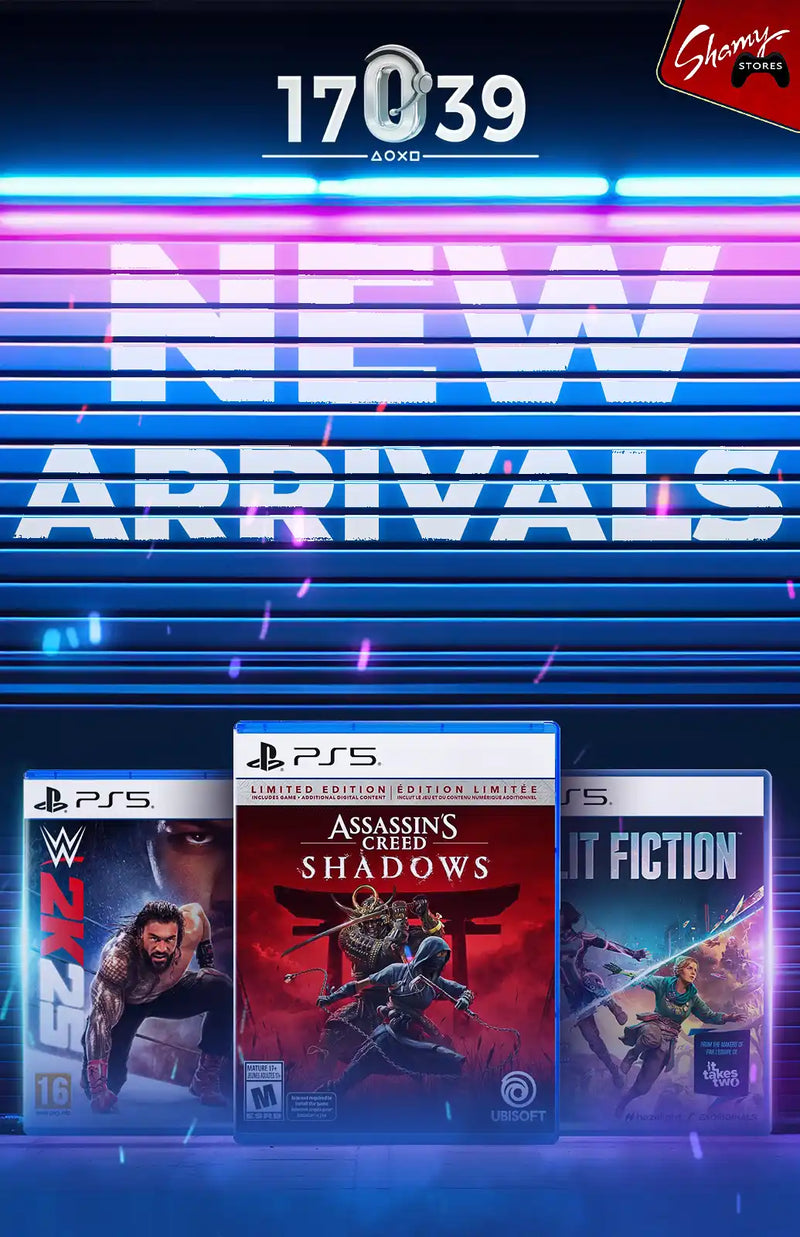 Three PlayStation 5 game cases, including ’Assassin’s Creed Shadows’.
